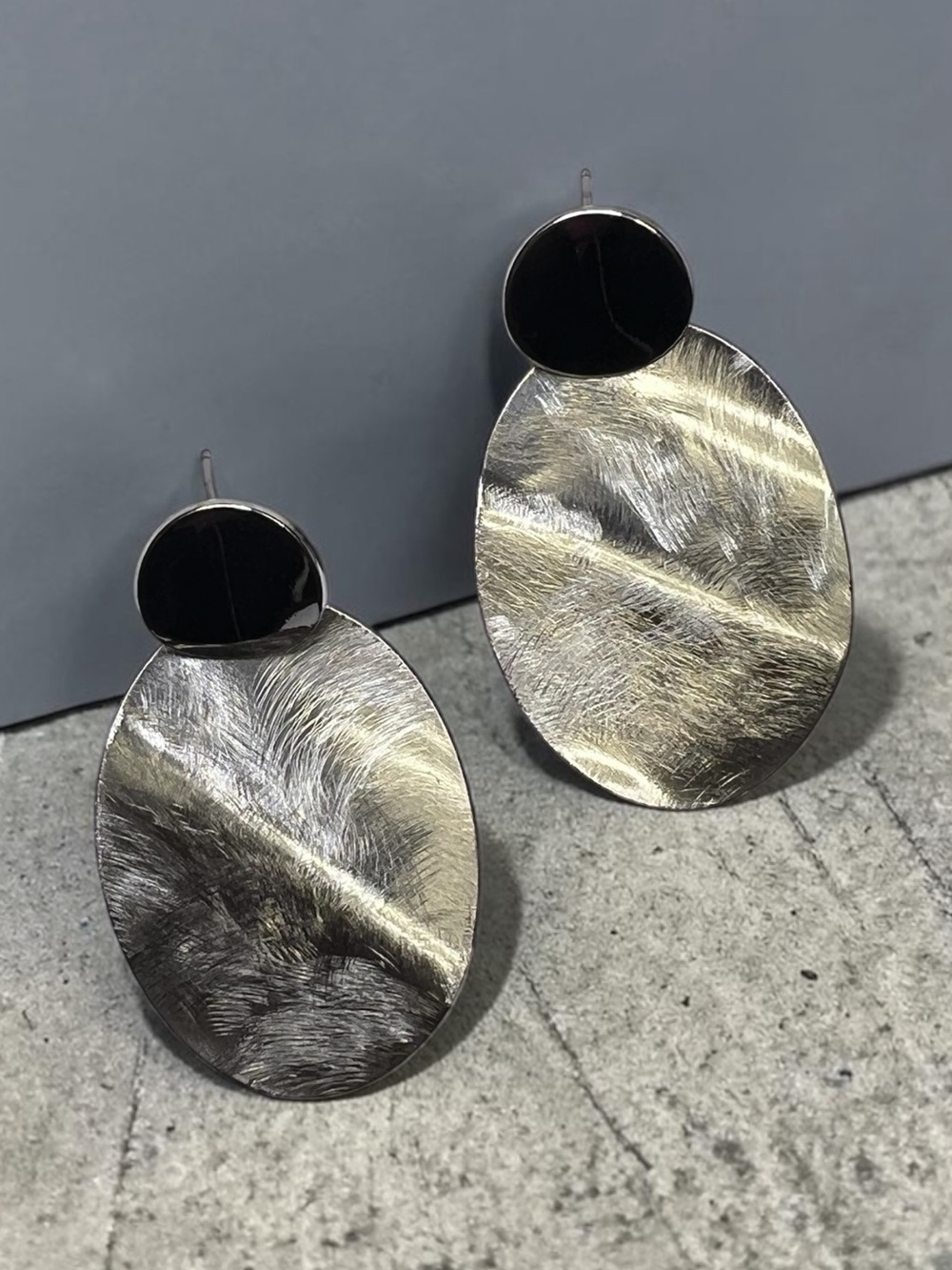 Modern Oval Brush Silver Drop Earrings